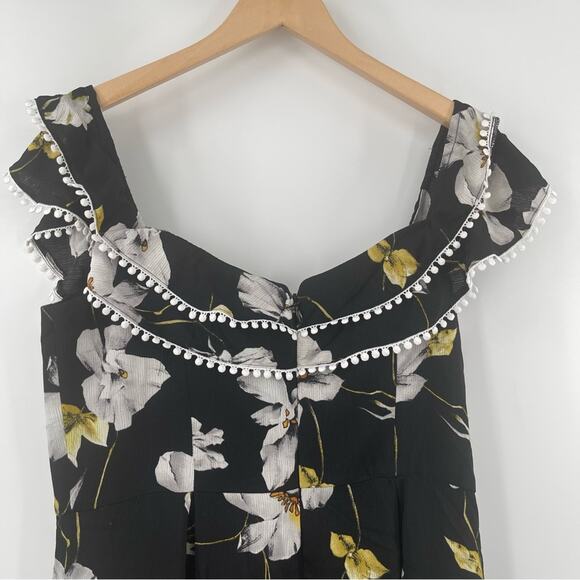 CITY CHIC Jumpsuit SZ 14 Black White Yellow Crepe Floral Print Off The Shoulder - Picture 6 of 13